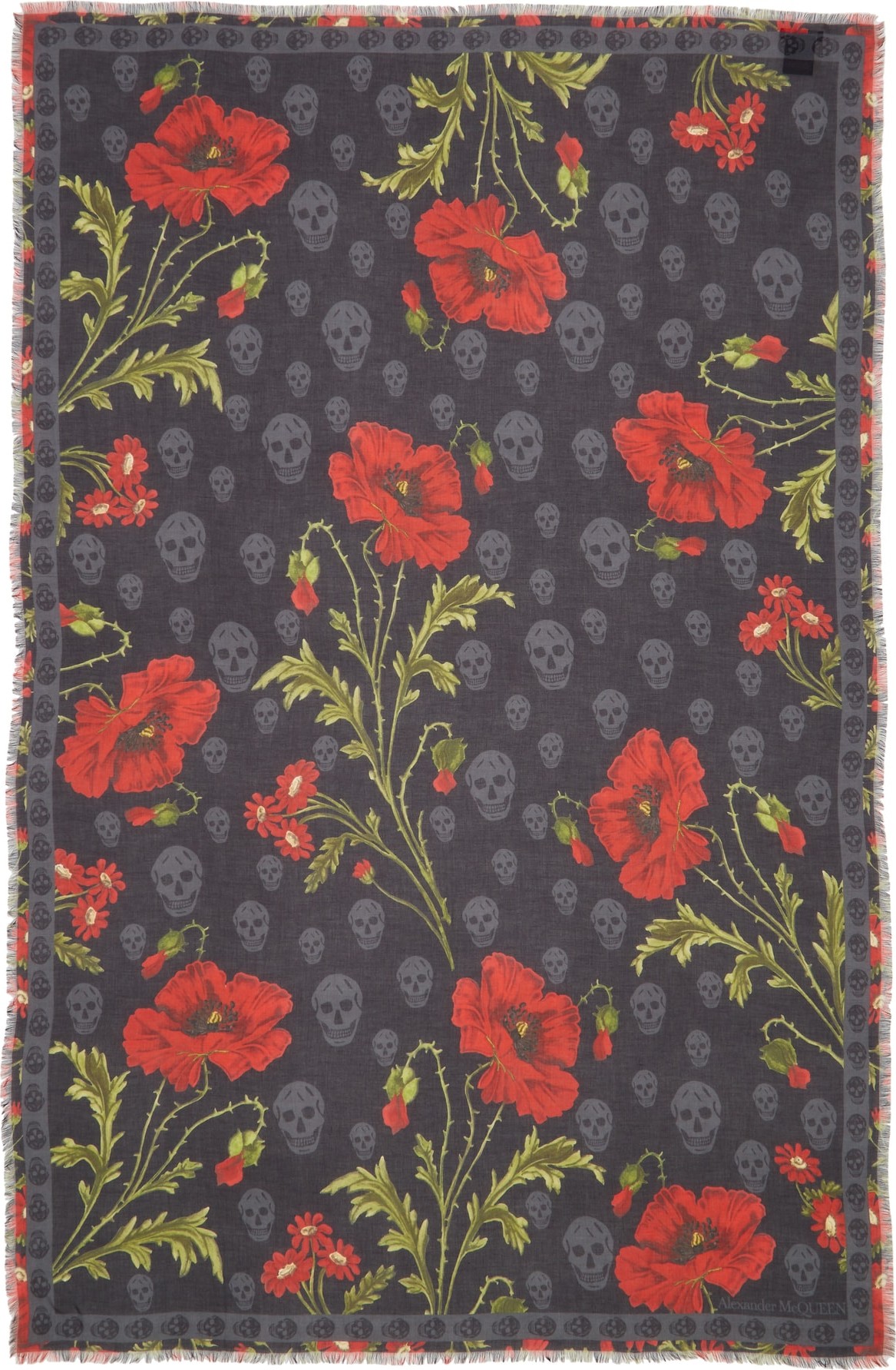Alexander McQueen Skull & Poppy Wool Blend Scarf