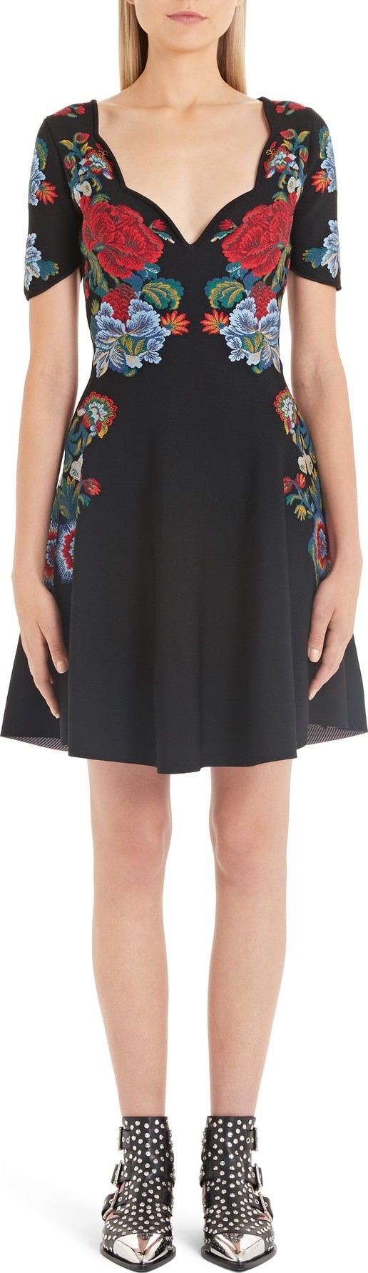 Alexander McQueen Floral Jacquard Fit & Flare Sweater Dress
