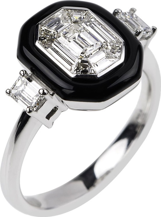 Nikos Koulis 18k White Gold Oui Diamond & Black Enamel Ring, Size 6.75