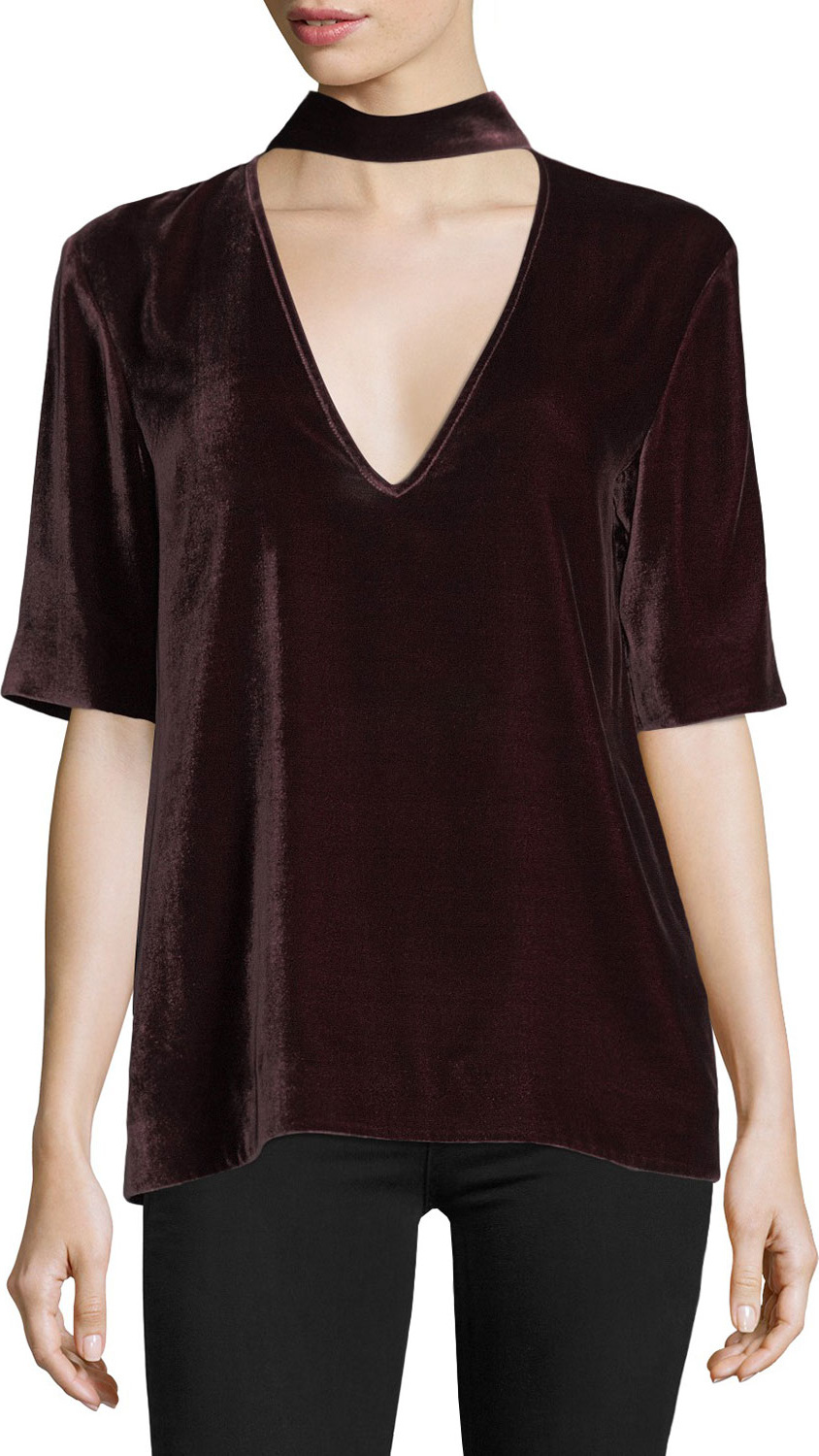 Theory Split-Collar V-Neck Velvet Top