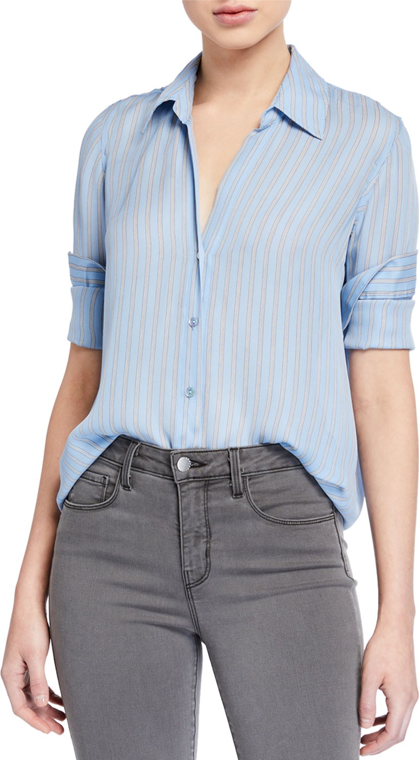 L'AGENCE Nina Striped Long-Sleeve Button-Down Silk Blouse