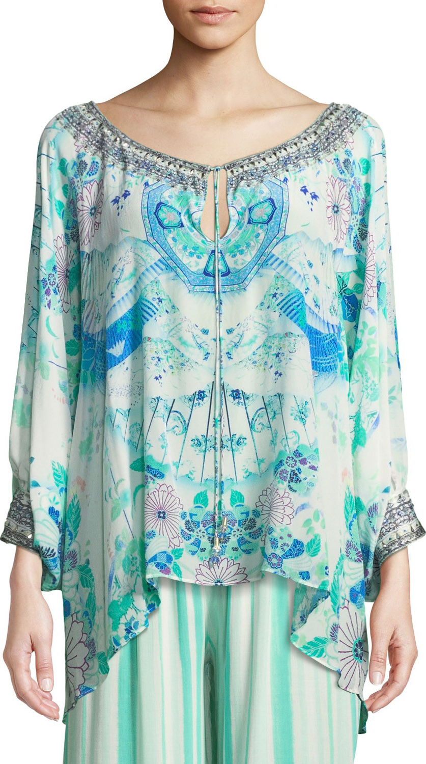 Camilla Floral Silk Raglan-Sleeve Blouse