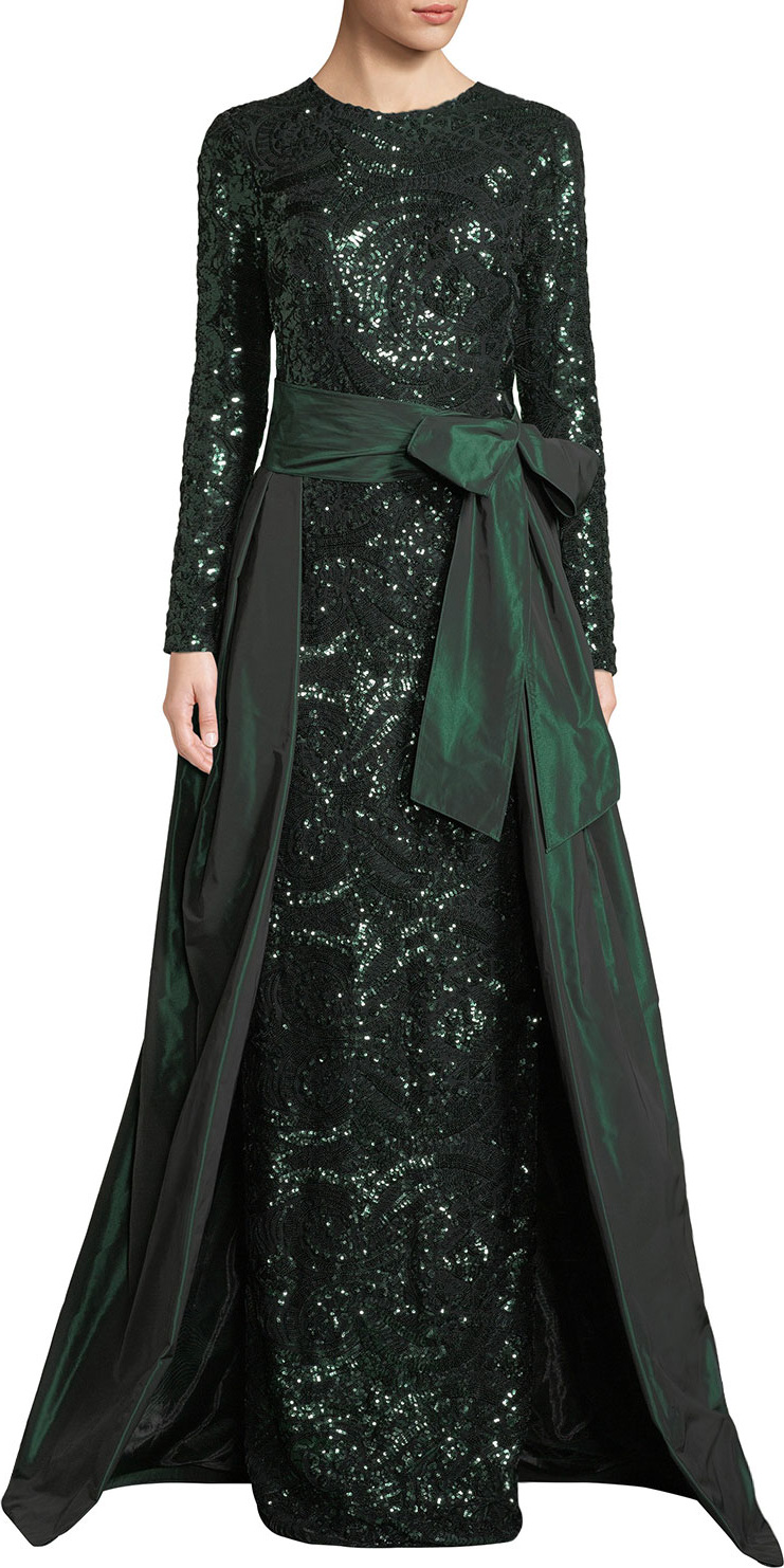 Rickie Freeman for Teri Jon Long-Sleeve Sequin Gown w/ Taffeta Overlay