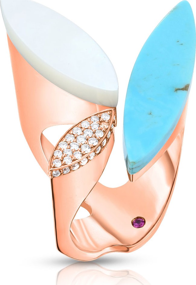 Roberto Coin Petals 18k Rose Gold Turquoise, Diamond & Mother-of-Pearl Ring, Size 6.5