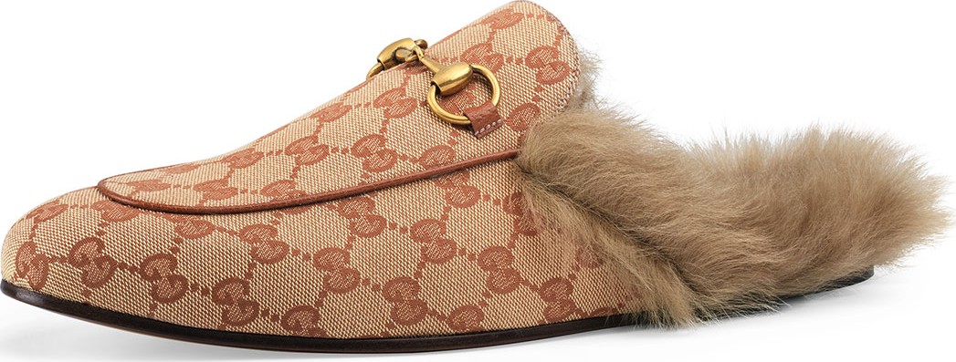 Gucci Men's Princetown Fur-Lined GG Canvas Slippers
