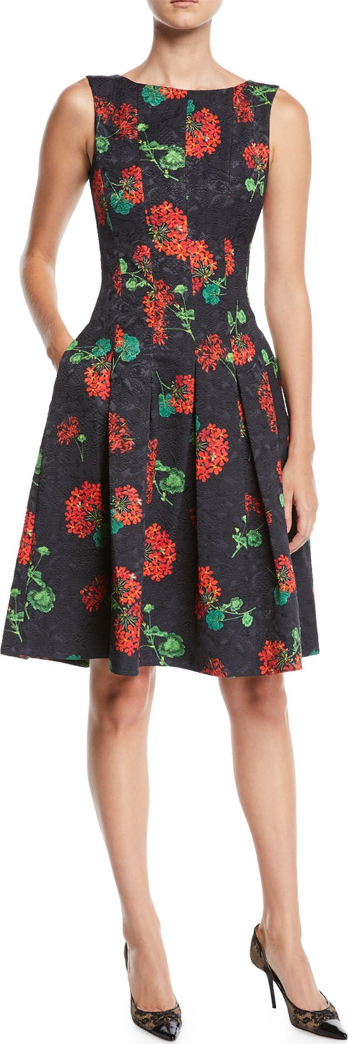 Oscar De La Renta Sleeveless Floral-Jacquard 2-Pocket Fit-and-Flare Dress