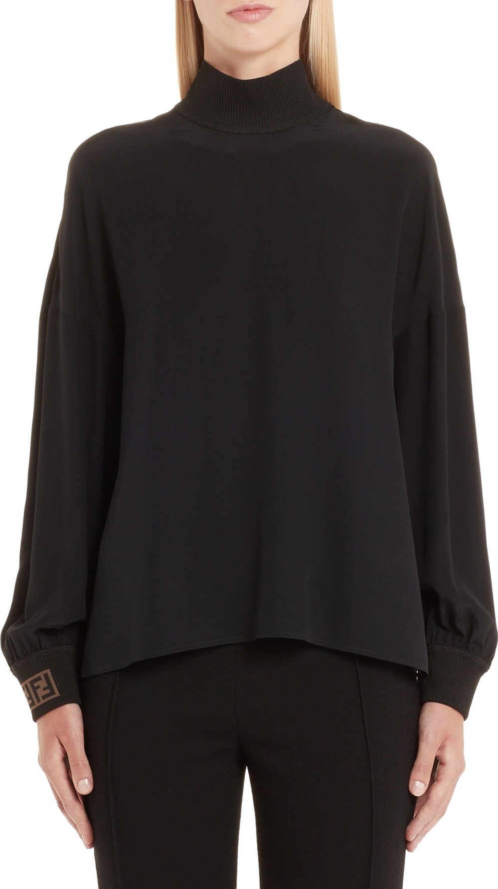 Fendi Logo Knit Cuff Crêpe de Chine Blouse