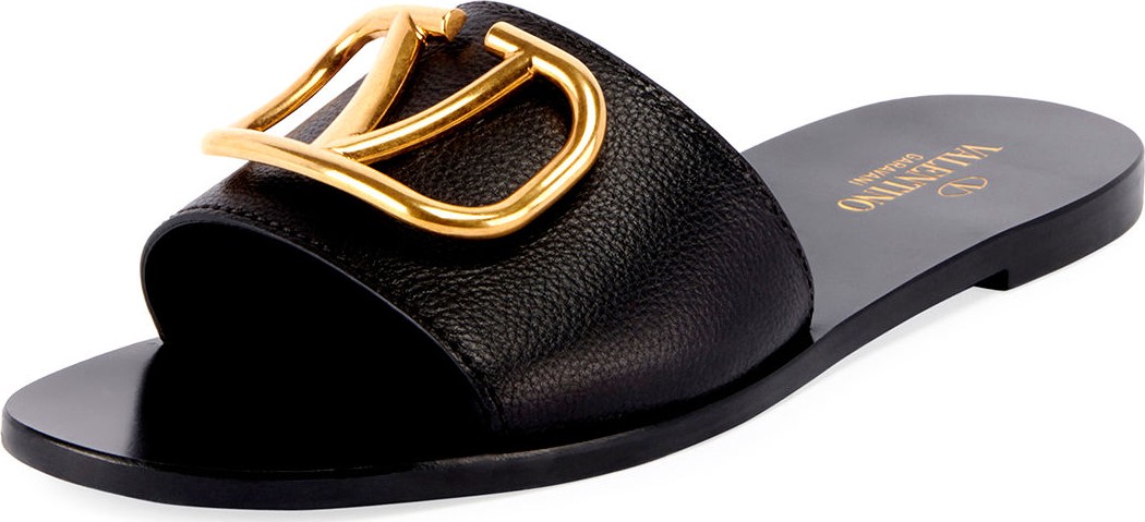 Valentino VLOGO Flat Leather Slide Sandals