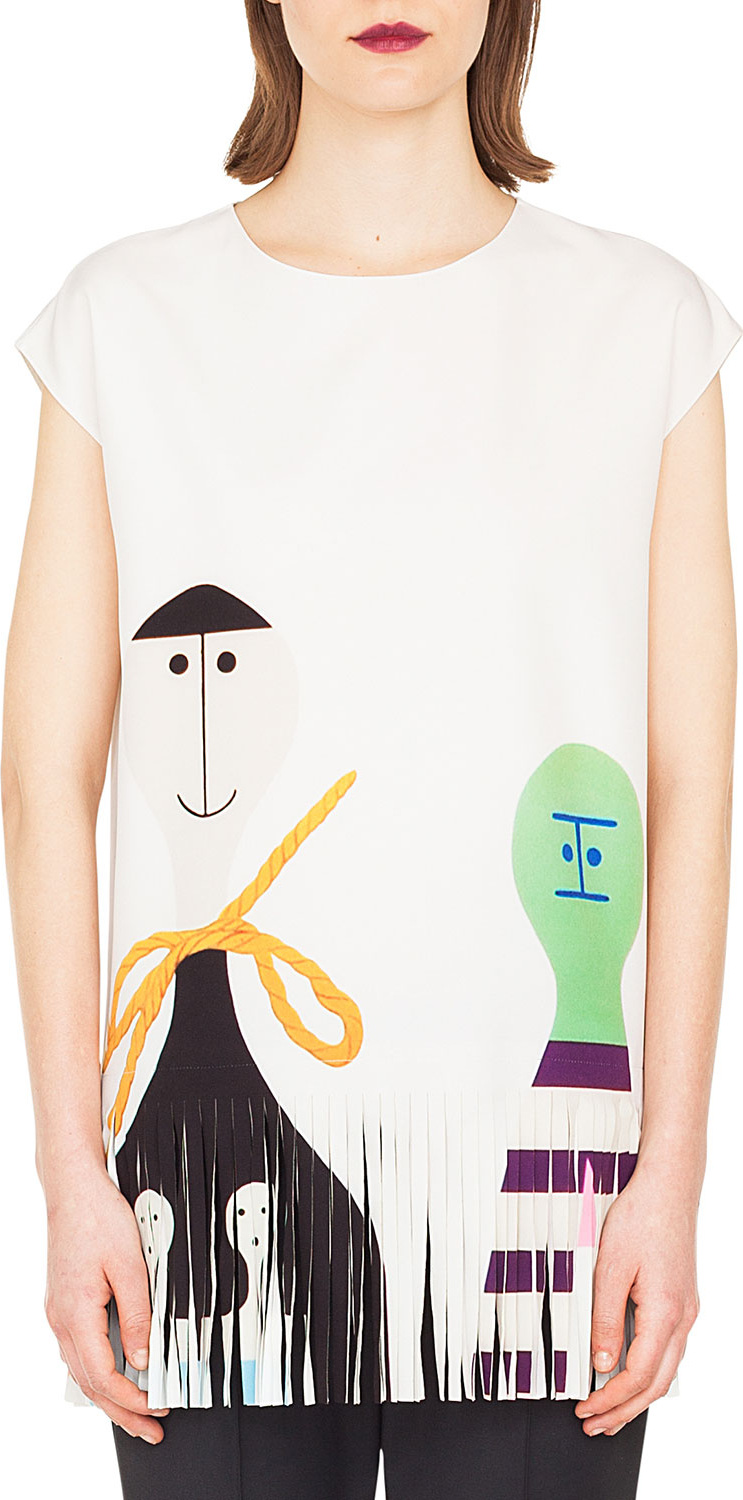 Akris Cap-Sleeve Doll-Print Crepe Tunic w/ Fringe Hem