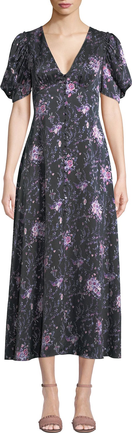 LOVESHACKFANCY Delaney Floral Button-Front Silk Long Dress