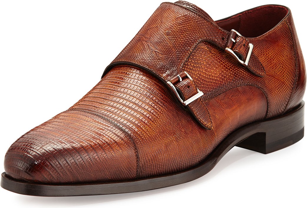 MAGNANNI Lizard Double-Monk Shoes, Saddle
