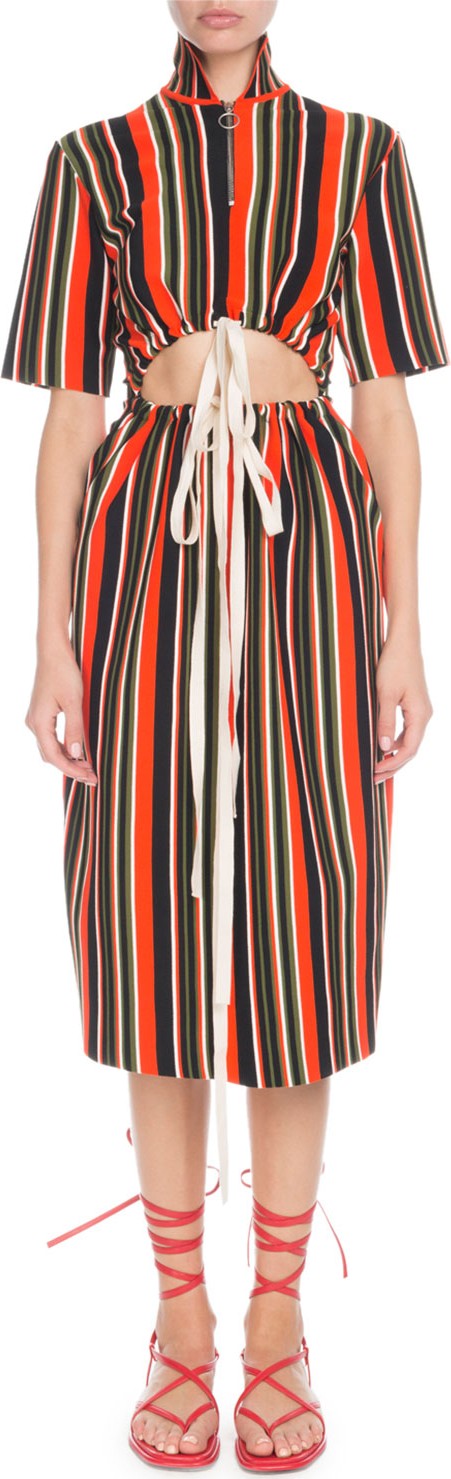 Proenza Schouler Drawstring Cutout-Waist Short-Sleeve Stripe-Knit Midi Dress