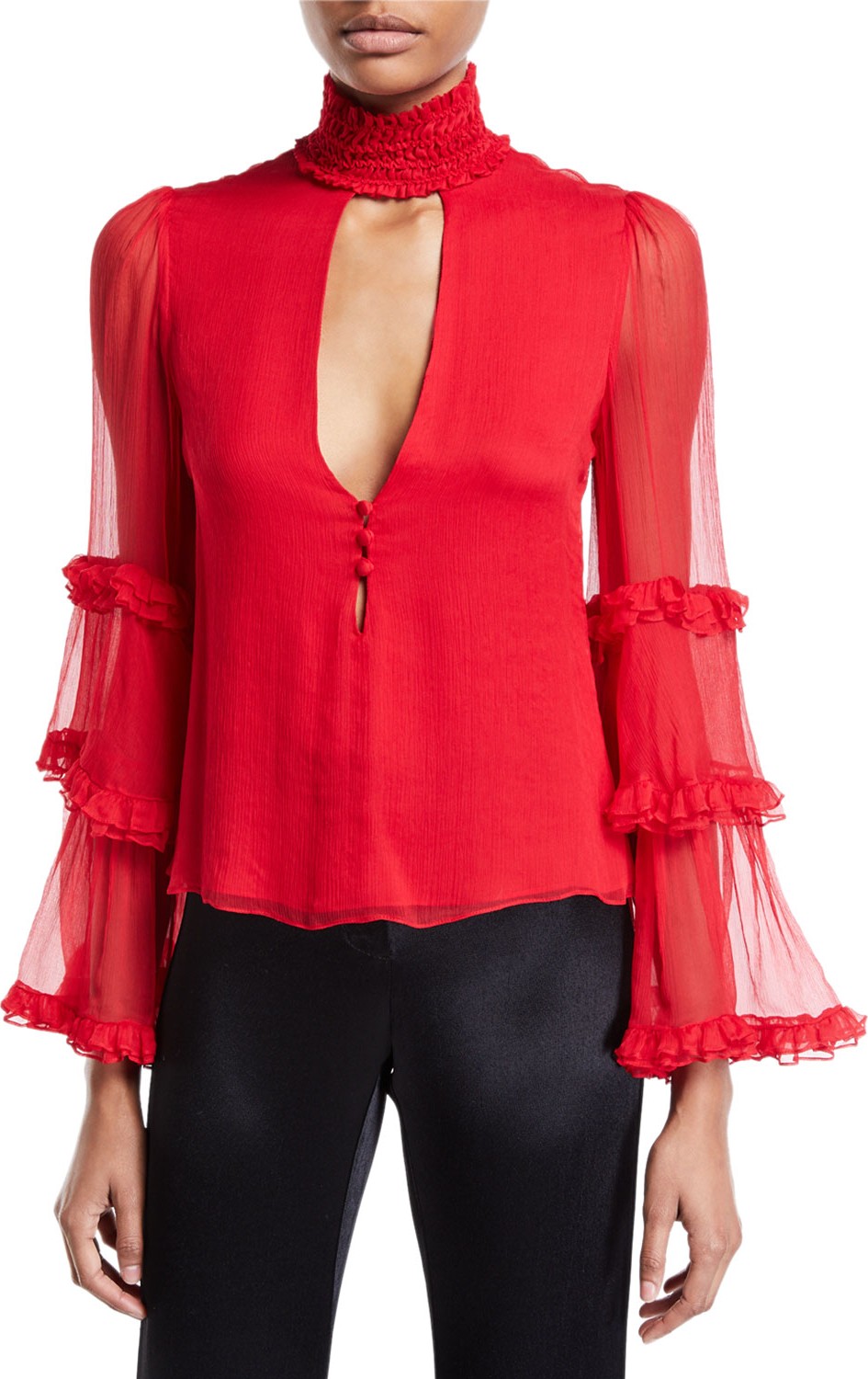 Alexis Hiro High-Neck Ruffle Keyhole Top