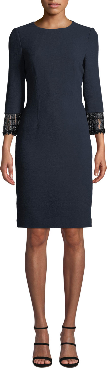 Rickie Freeman for Teri Jon Jacquard Dress w/ Beaded Fringe Cuffs