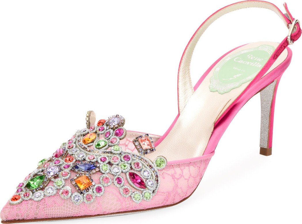 Rene Caovilla Crystal-Beaded Lace/Suede Halter Pumps