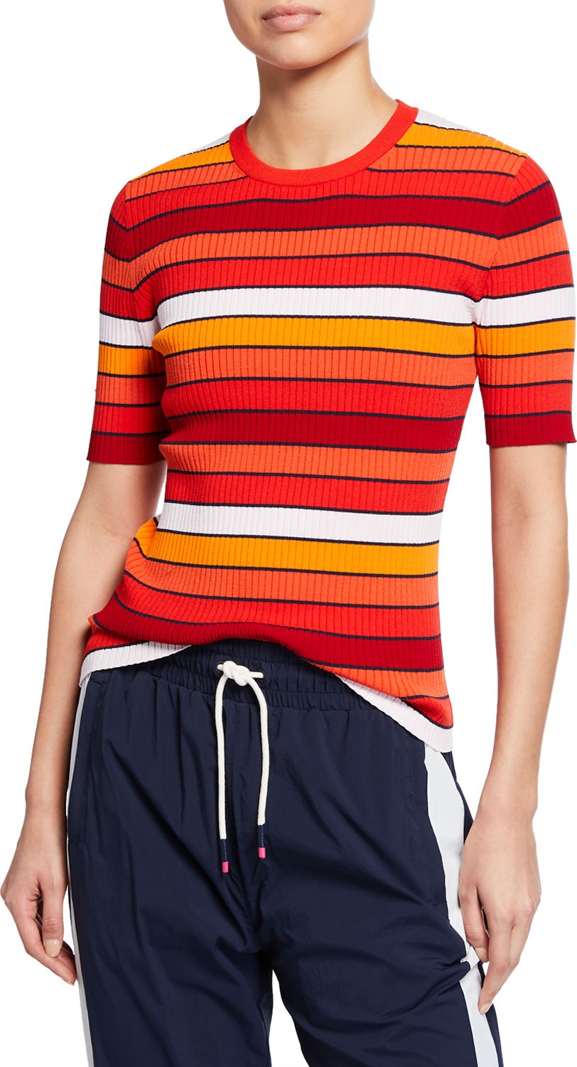 Tory Sport Tech Knit Striped Short-Sleeve Sweater