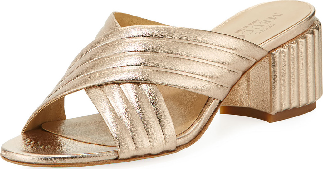 Sesto Meucci Maggy Block-Heel Metallic Leather Slide Sandal