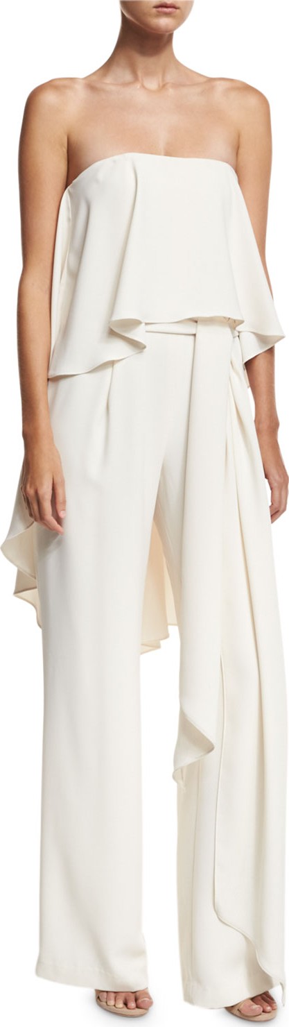 HALSTON HERITAGE Strapless Wide-Leg Jumpsuit w/ Flowy Popover
