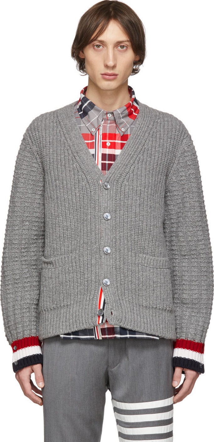 Thom Browne Grey Fun-Mix Stitch Chunky V-Neck Cardigan