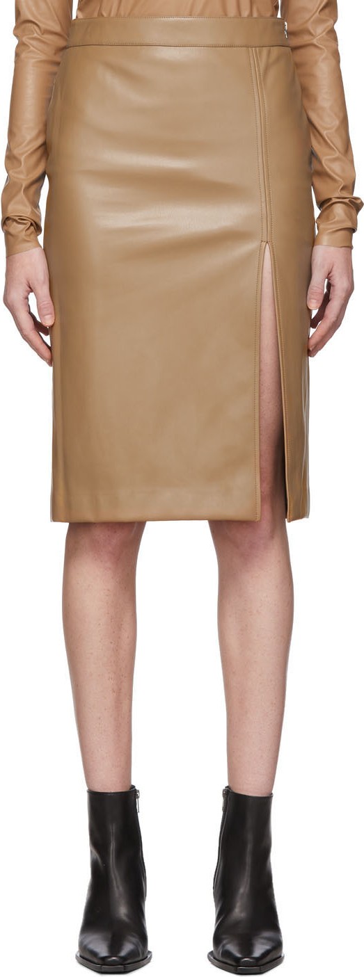 We11done Beige Faux-Leather Front Slit Skirt