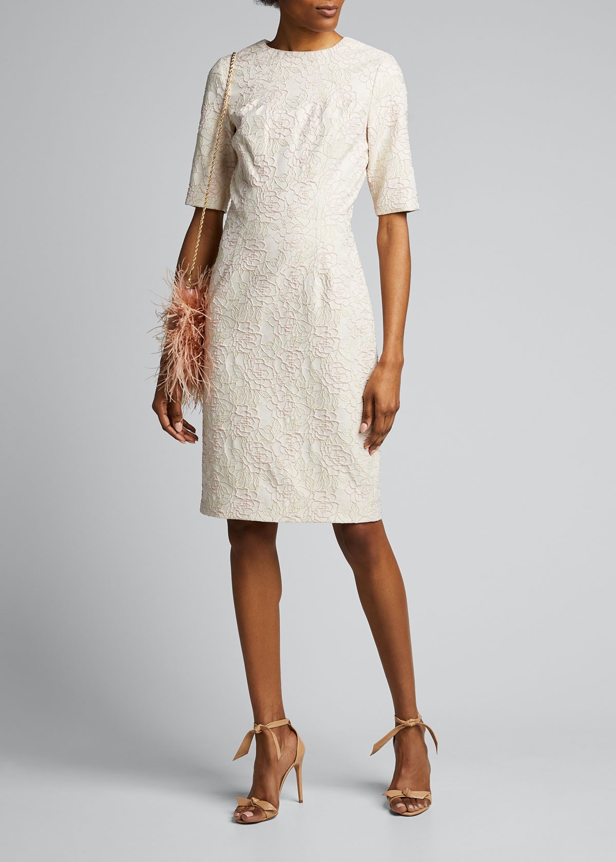 Rickie Freeman for Teri Jon Elbow-Sleeve Stretch Jacquard Sheath Dress
