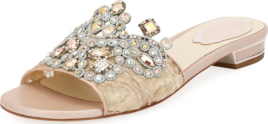 Rene Caovilla Embellished Flat Lace Slide Sandal