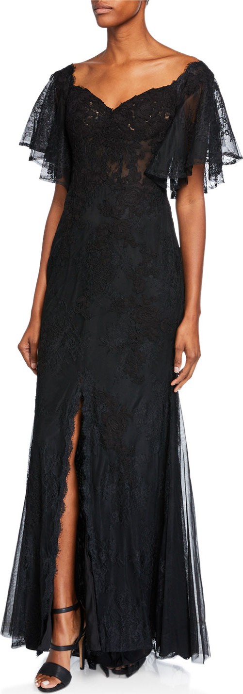 Badgley Mischka Off-the-Shoulder Flounce-Sleeve Lace Corset A-Line Gown