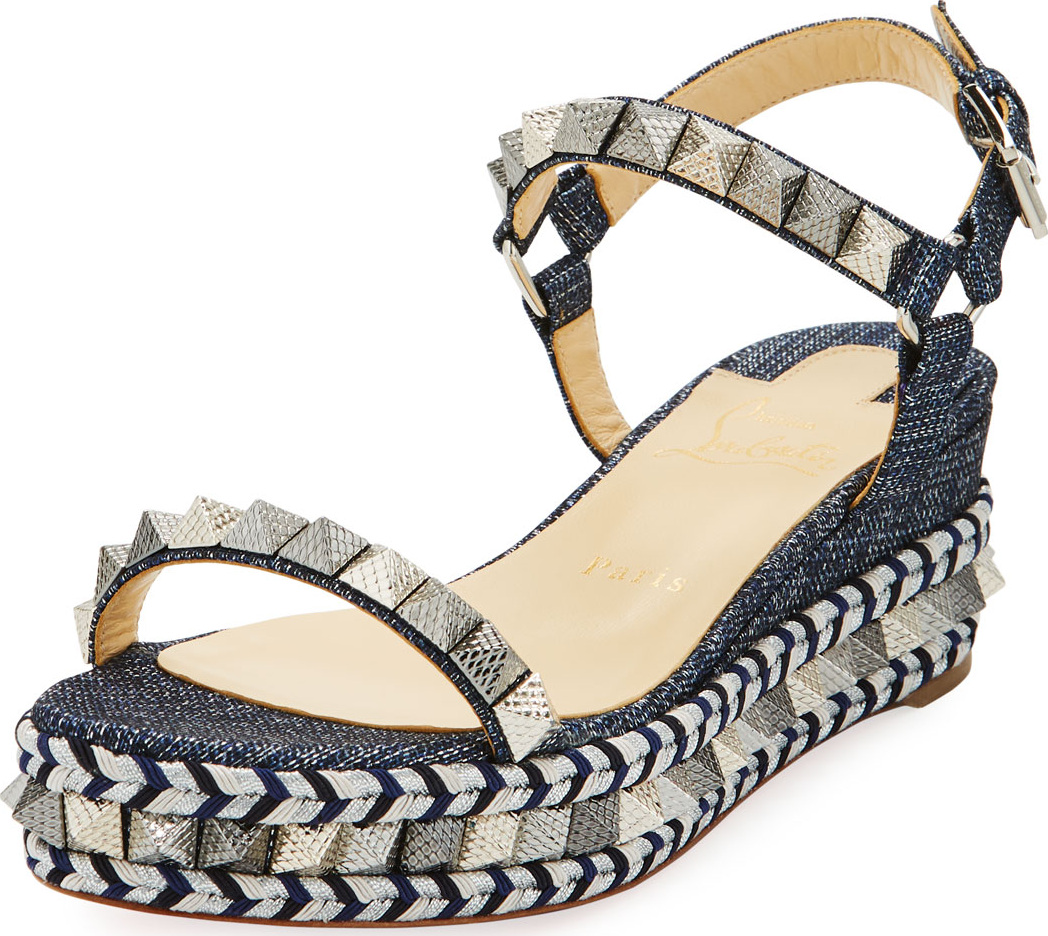 Christian Louboutin Pyraclou Spike Denim Low-Wedge Red Sole Sandal Christian Louboutin Pyraclou Spike Denim Low-Wedge Red Sole Sandal