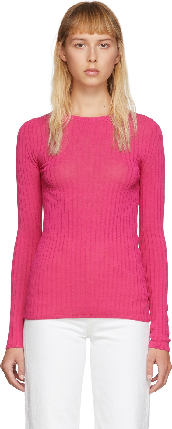 AMI Pink Fitted Crewneck Sweater