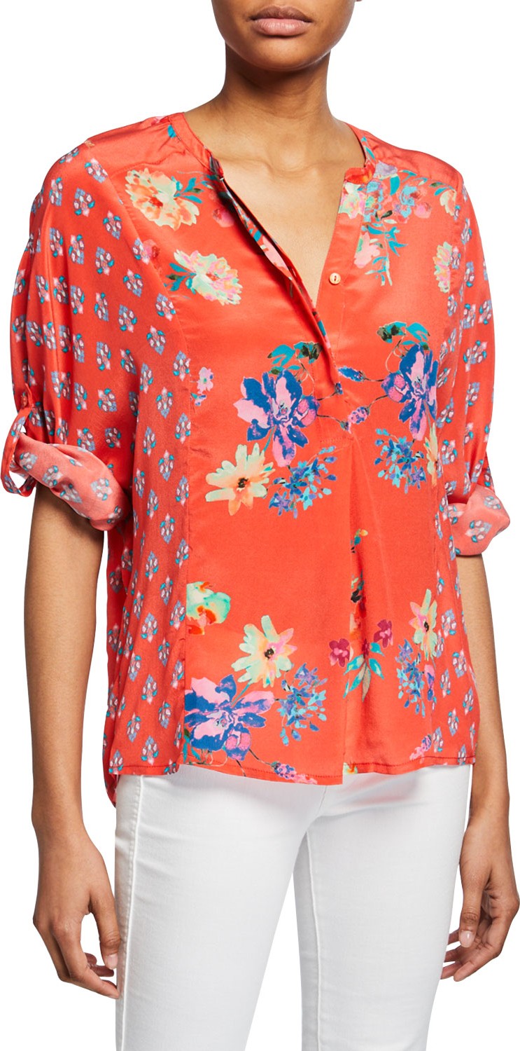 Tolani Stella Floral Button-Front Long-Sleeve Tunic