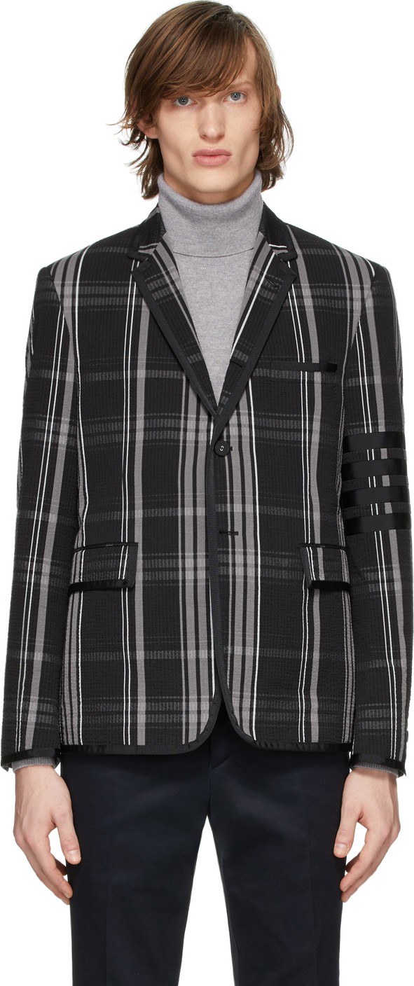 Thom Browne Black Seersucker Plaid Classic Blazer