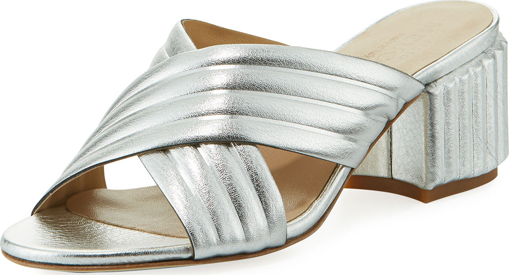 Sesto Meucci Maggy Block-Heel Metallic Leather Slide Sandal