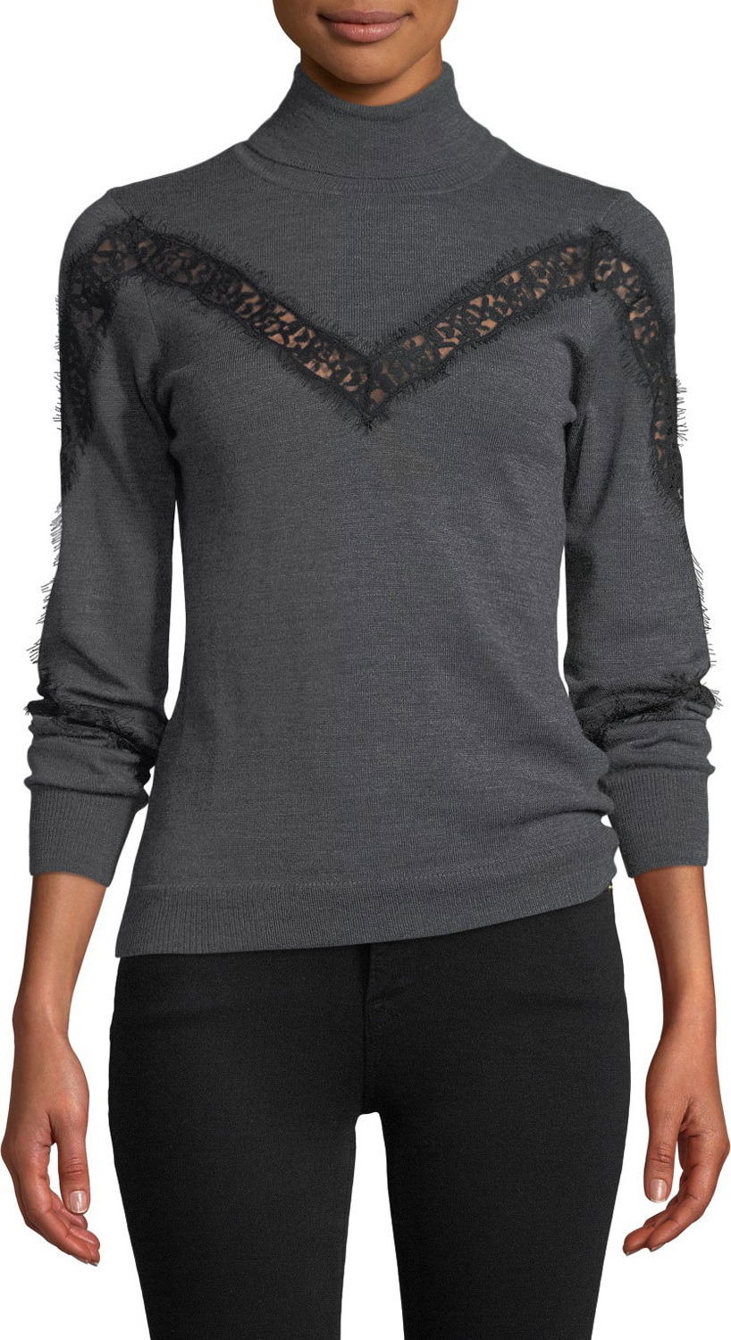 MILLY Turtleneck Lace-Inset Long-Sleeve Wool Pullover Sweater