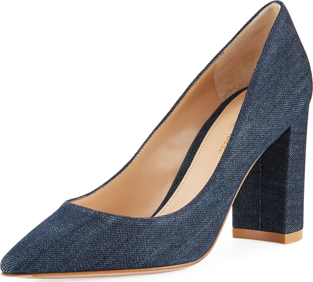 Gianvito Rossi Denim Pointed-Toe Pumps with Chunky Heel