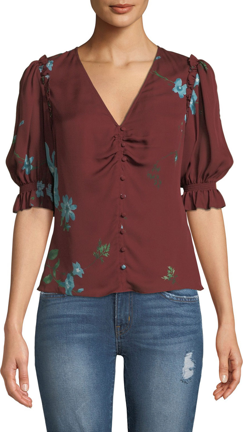 Joie Anevy Floral Silk Button-Front Ruffle Top