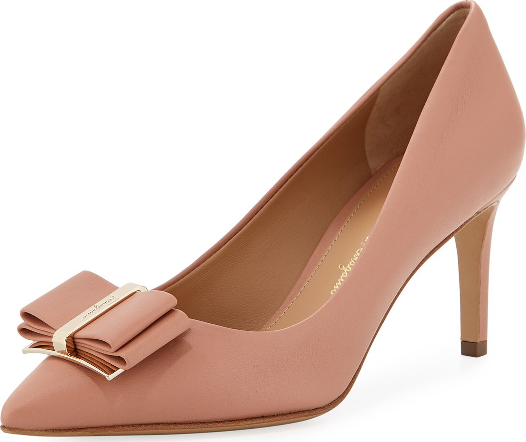 Salvatore Ferragamo Zeri Mid-Heel Napa Leather Bow Pumps