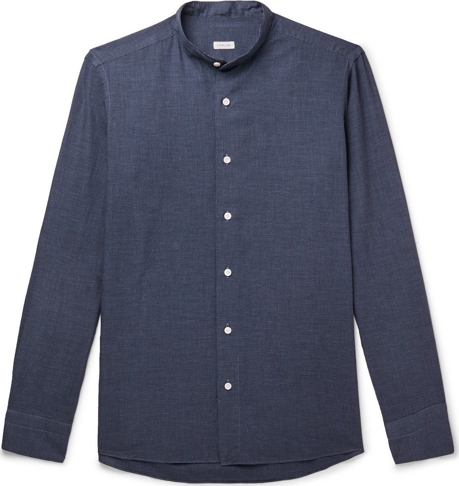 Caruso Grandad-Collar Puppytooth Cotton Shirt