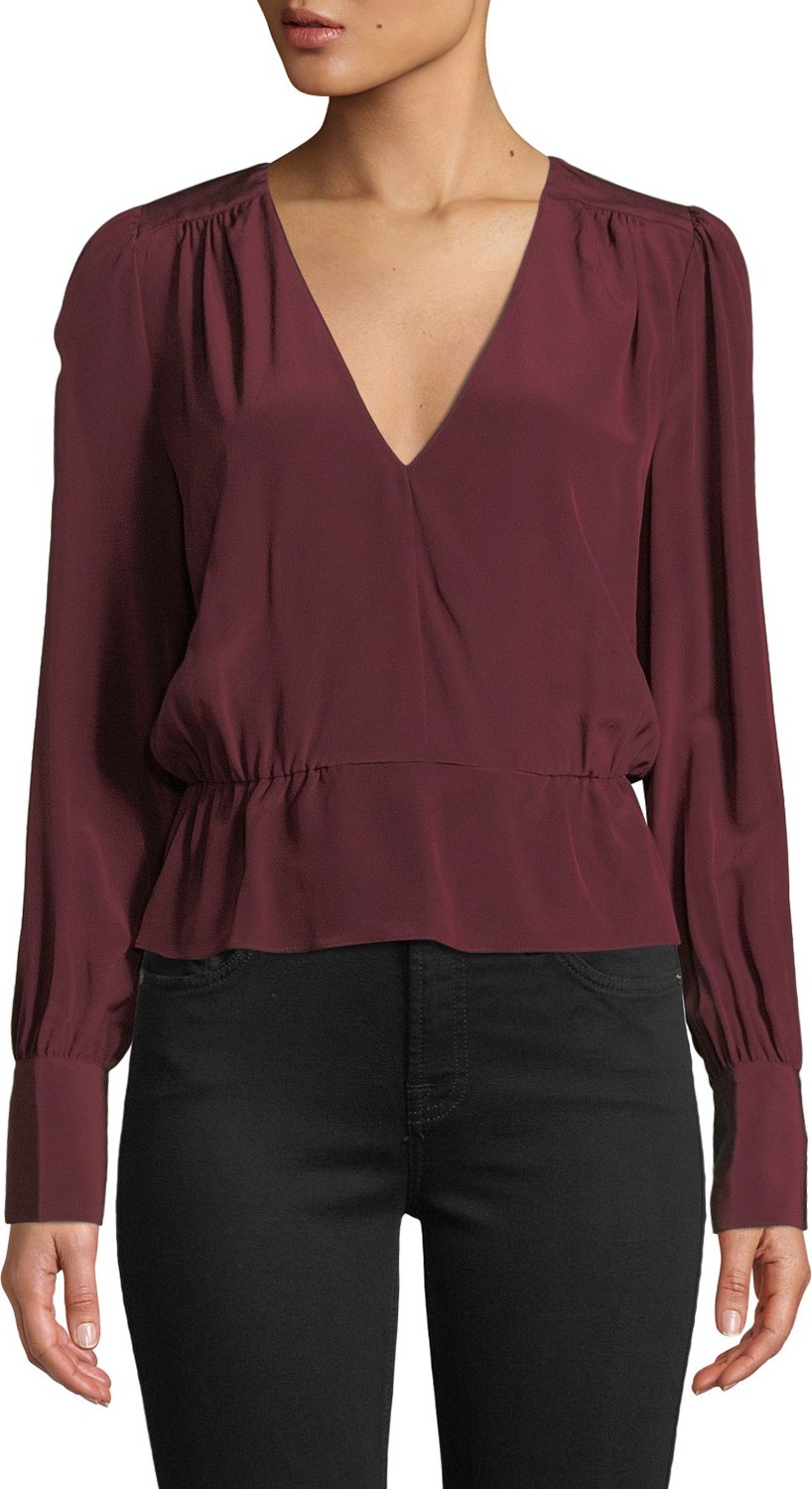 7 For All Mankind Deep V Long-Sleeve Silk Peplum Top