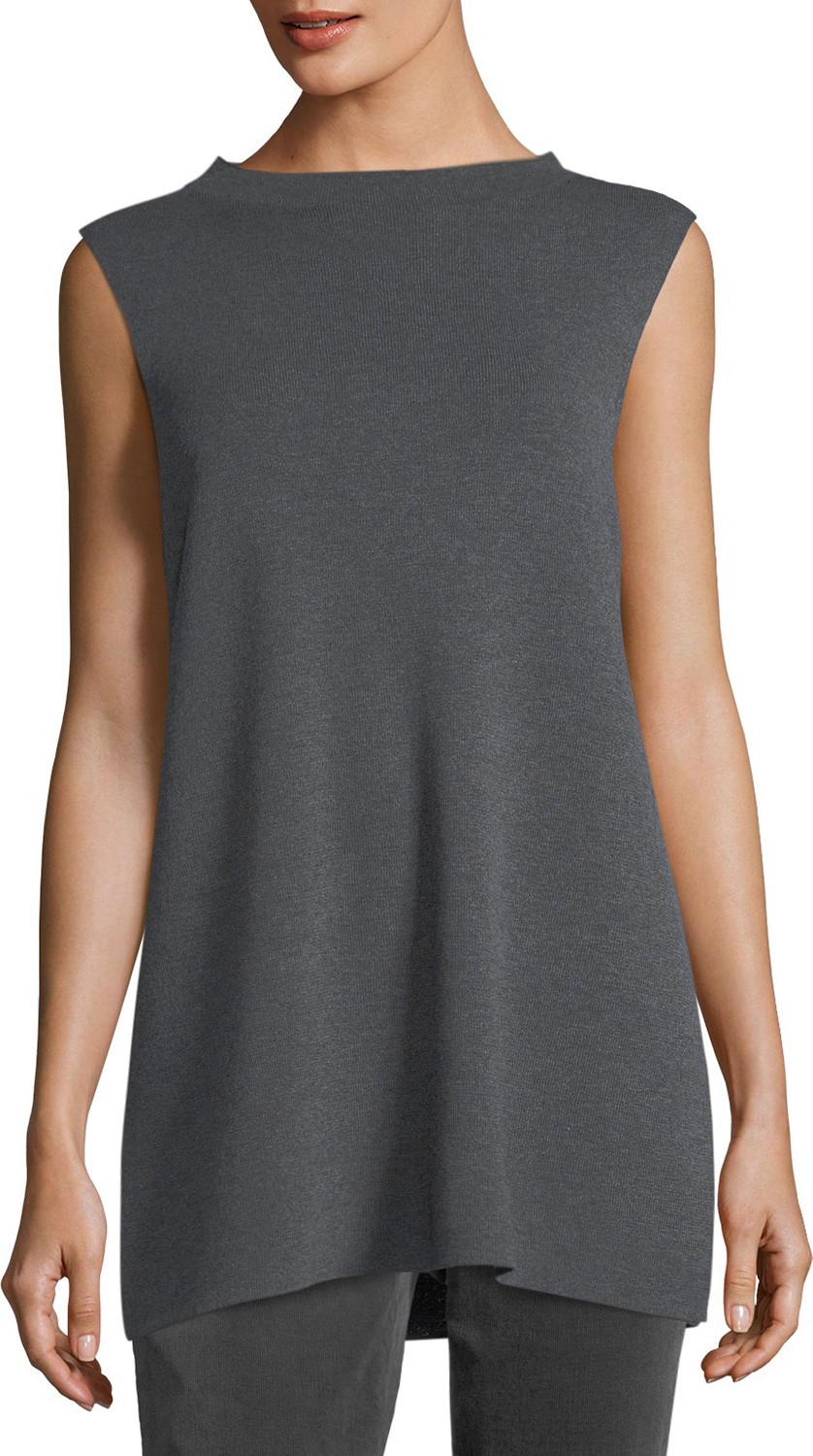 Eileen Fisher Mock-Neck Sleeveless Washable Crepe Tunic