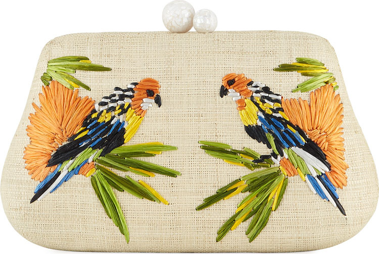 Rafe Rosie Small Straw Clutch Bag with Birds