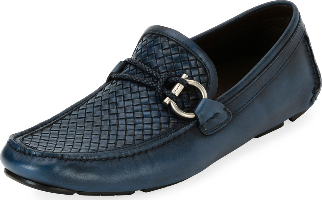 Salvatore Ferragamo Men's Woven Leather Gancio Driver, Blue
