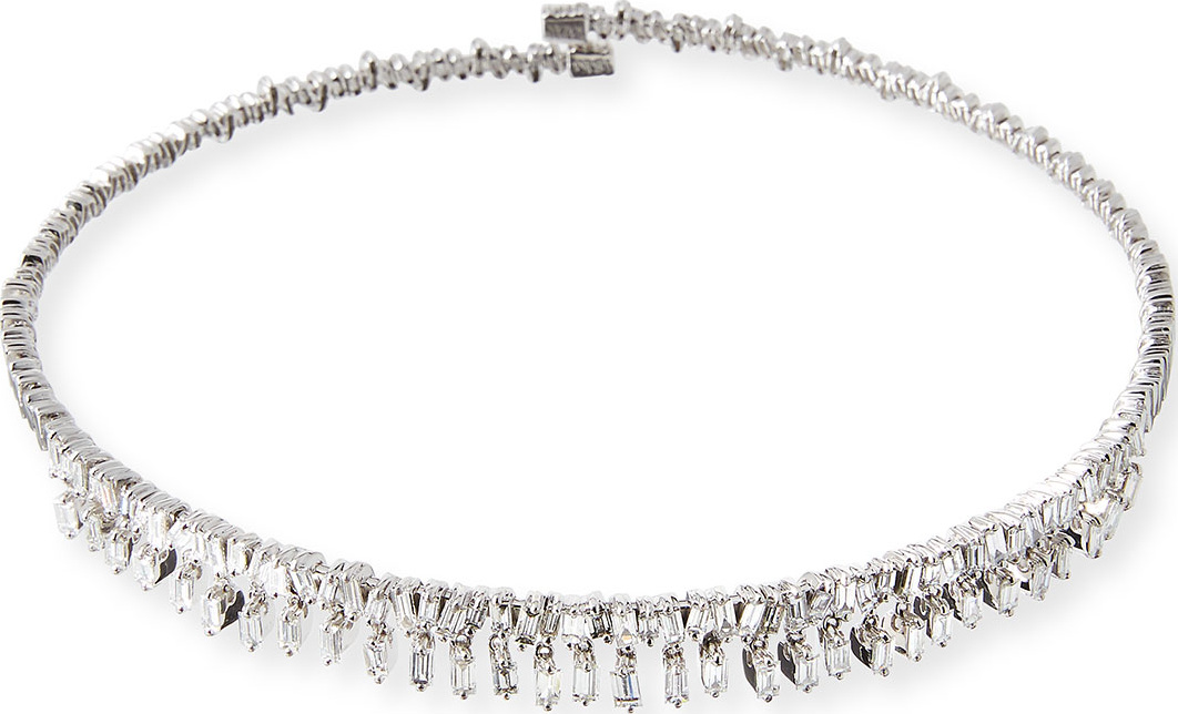 Suzanne Kalan Dangling Baguette Diamond Collar Necklace in 18K White Gold