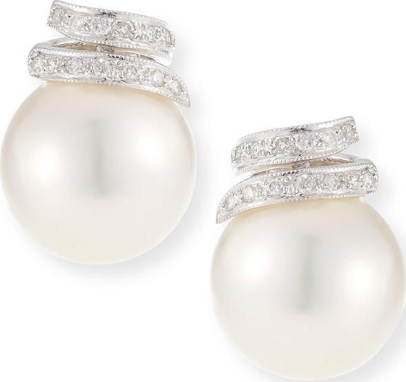 Belpearl 18k Swirl Diamond & South Sea Pearl Stud Earrings