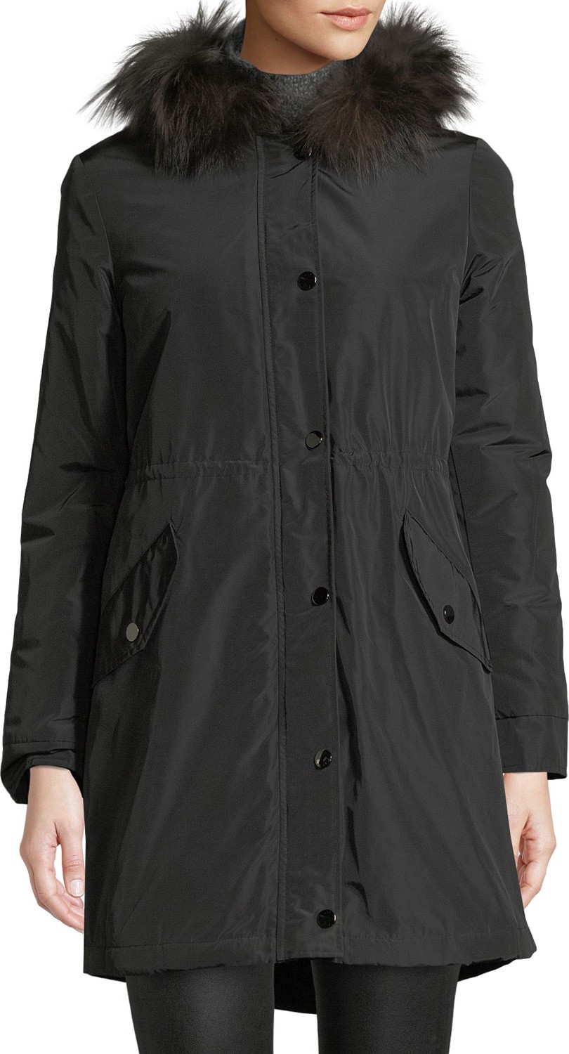 Belle Fare Hooded Microfabric Jacket w/ Fur Lining & Trim
