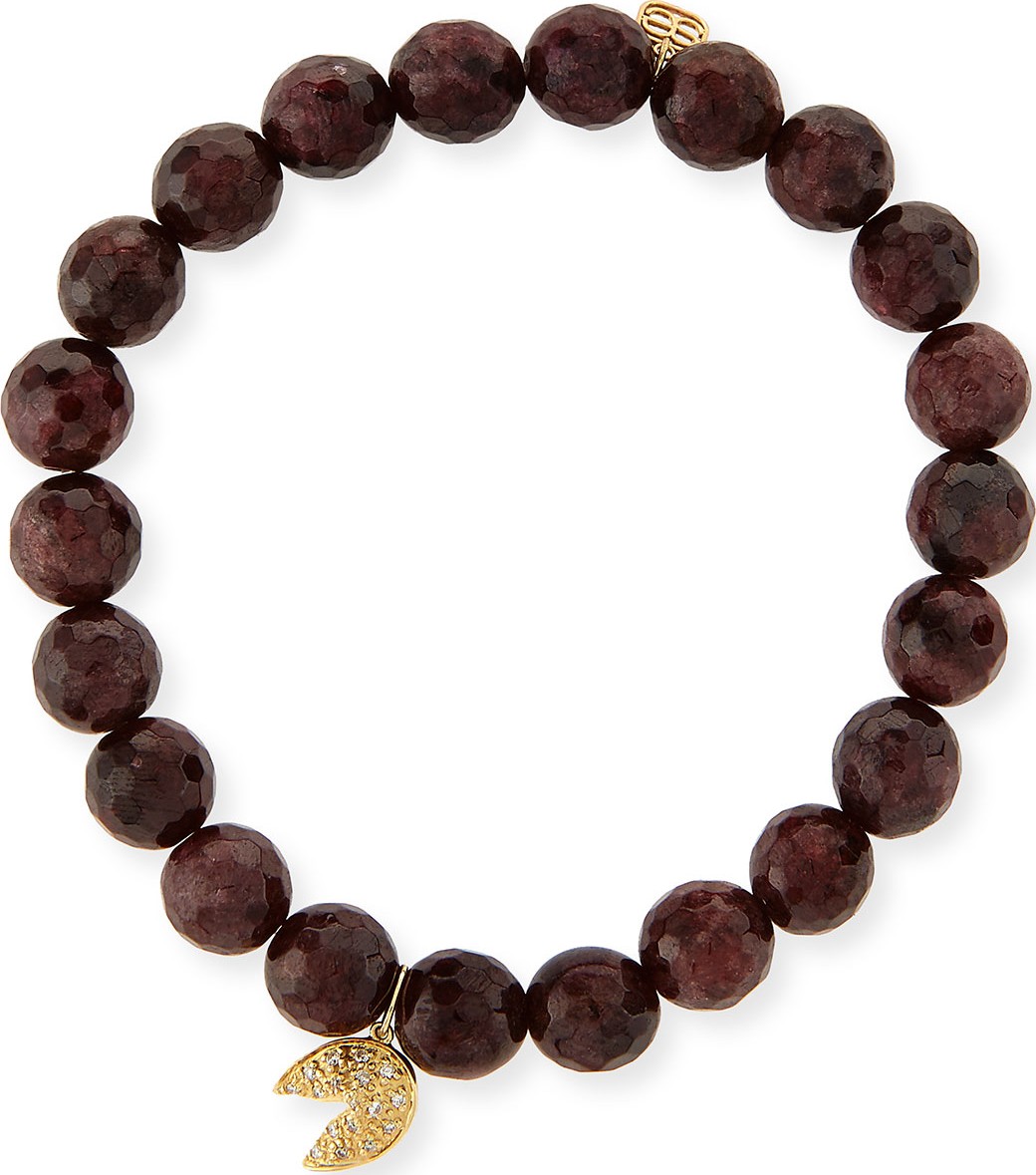 Sydney Evan 8mm Faceted Red Garnet Beaded Bracelet with 14k Gold Diamond Fortune Cookie Charm