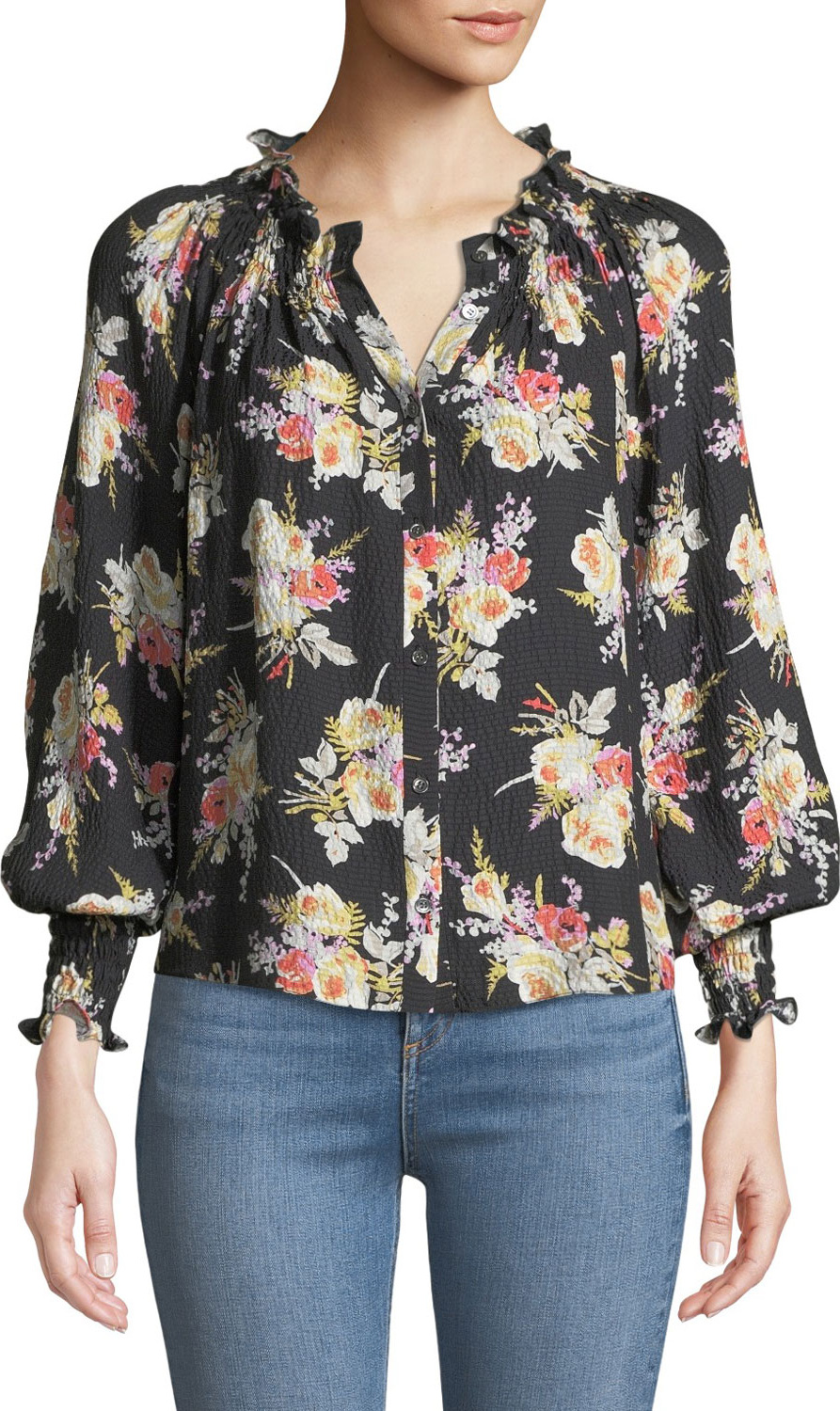 Rebecca Taylor Floral-Print Silk Button-Front Top