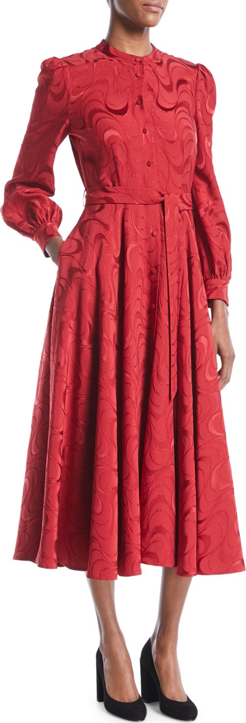 Co Button-Down Long-Sleeve Spiral-Jacquard Midi Dress