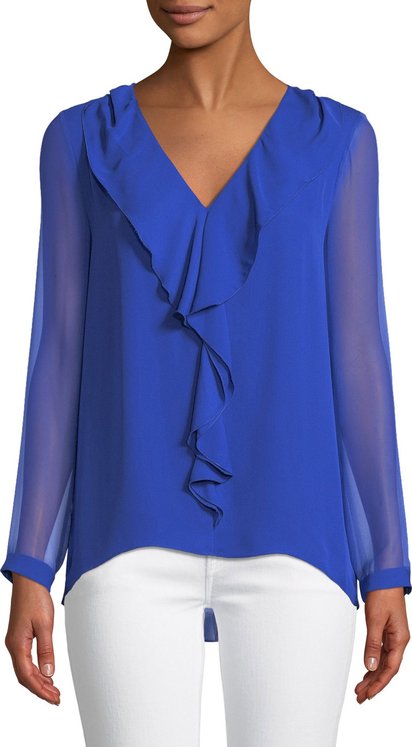Elie Tahari Laurie V-Neck Cascade Ruffle Long-Sleeve Silk Chiffon Blouse