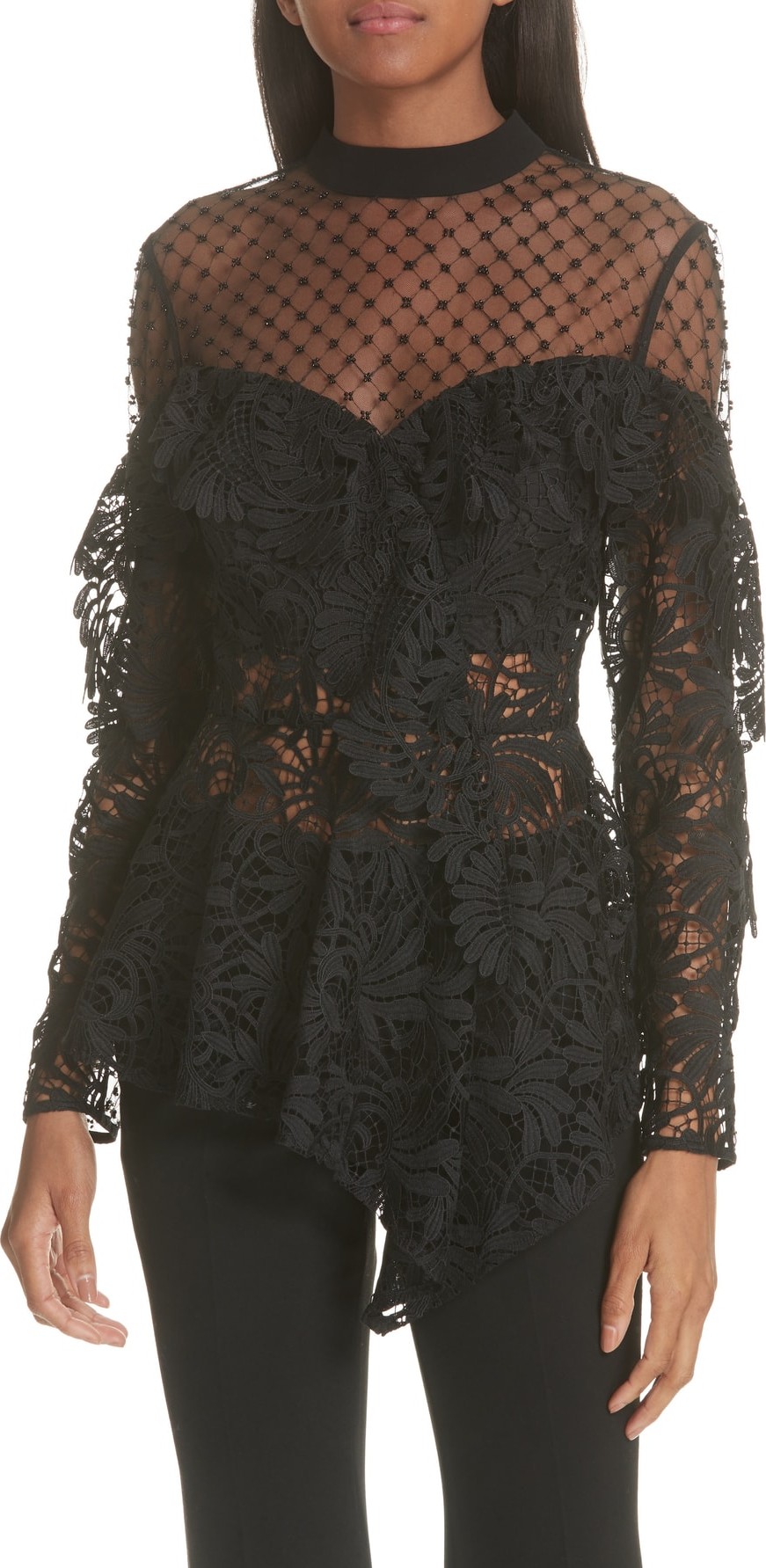 Self Portrait Beaded Yoke Lace Handkerchief Hem Top