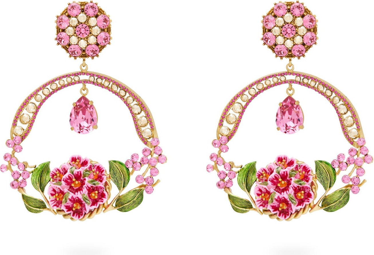 Dolce & Gabbana Floral bloom crystal and enamel drop clip earrings